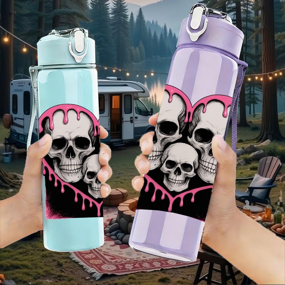 1PC Twin Skull Pink Heart Love Print 750ml Color Plastic Sports Water Bottle Leakproof Flip Straw Lid Suitable for Sports Office Home Use