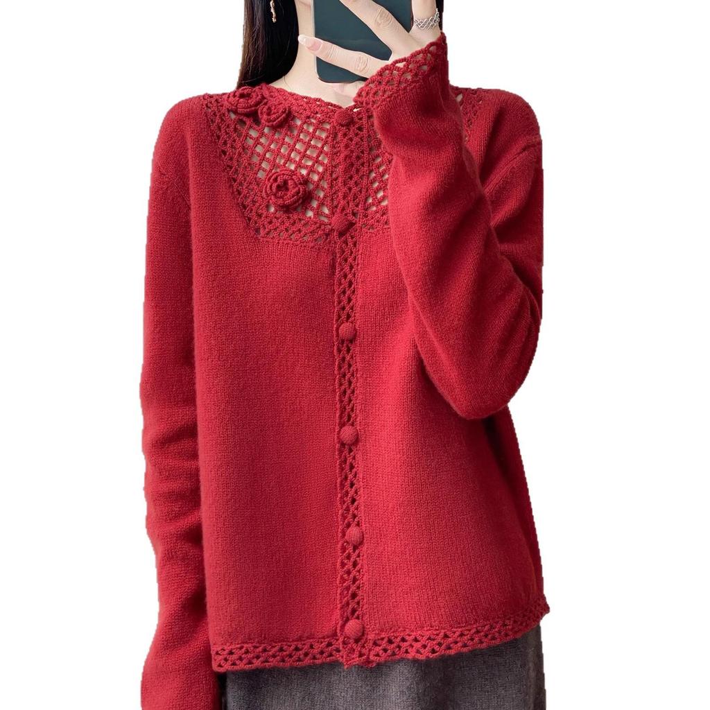 Autumn Style Heavy-Duty Crochet Knit Wool Cardigan: Women's Fashionable Hollow-Out Sweater Coat, Solid Color.