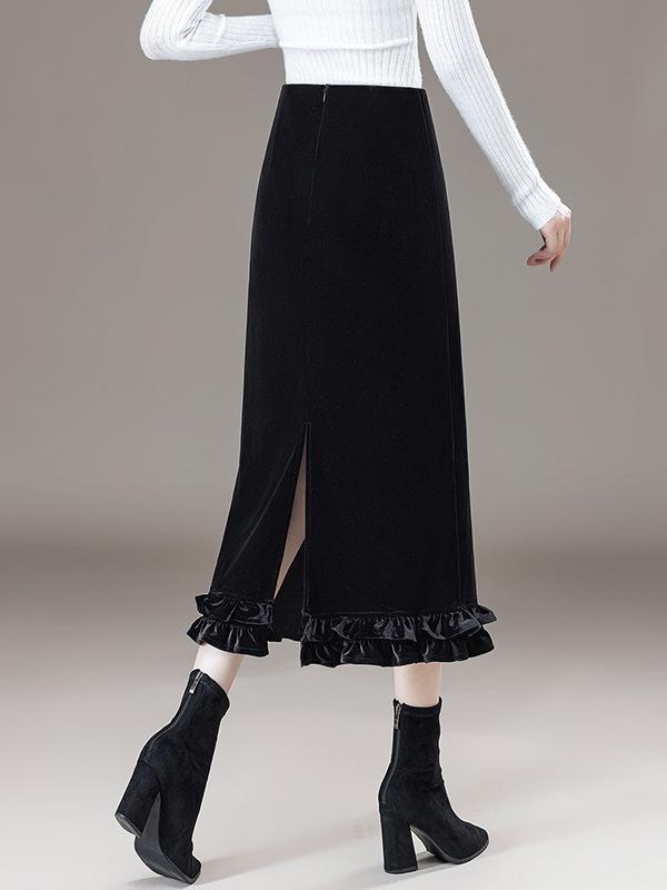 Elegant Lace Gold Velvet A-Line Skirt for Women, High Waist with Side and Back Slits, Perfect for Spring-Winter 2026