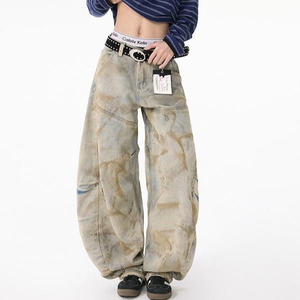 American Retro Design Sense Yellow Mud Dyed Washed Wide-leg Jeans Men's and Women's Summer Design Sense Old Scimitar Pants