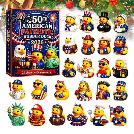Acrylic Surprise Gift Boxes 2026 USA 250th Anniversary Rubber Duck Advent Calendar, 24-Day Patriotic Countdown Creative Holiday Kit Collection Box, 2D