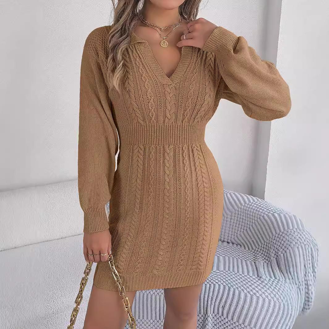 

Женское трикотажное платье-свитер с V-образным вырезом, с длинным рукавом, с перекрученным воротом, джемпер, повседневный трикотаж, топы S хаки