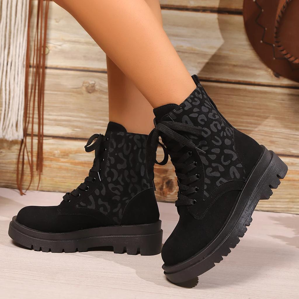 Fashion Women Shoes New High Quality Cross-tied Women Boots Fashion Leopard Print Casual Boots Women Fashion Round Toe Mid-Calf Boots