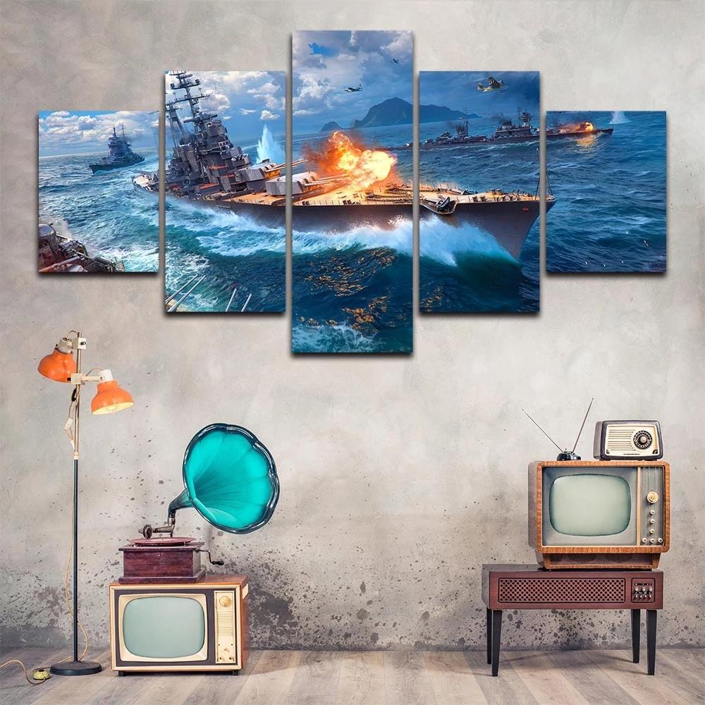 Prints HD Sea View Pictures Modular 5 Pcs World of Warships Poster Canvas Painting Living Room Home Decoration No Frame Wall Art