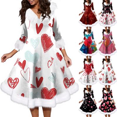 Moda feminina com decote em V casual ajuste natal impressão festa vestido de manga comprida