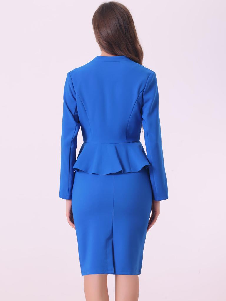 Allegra K Business Suit, Blazer and Pencil Skirt, Long Sleeves, No Collar, Solid Color, Peplum, 2-Piece Set, Royal Blue, Women's, Size S