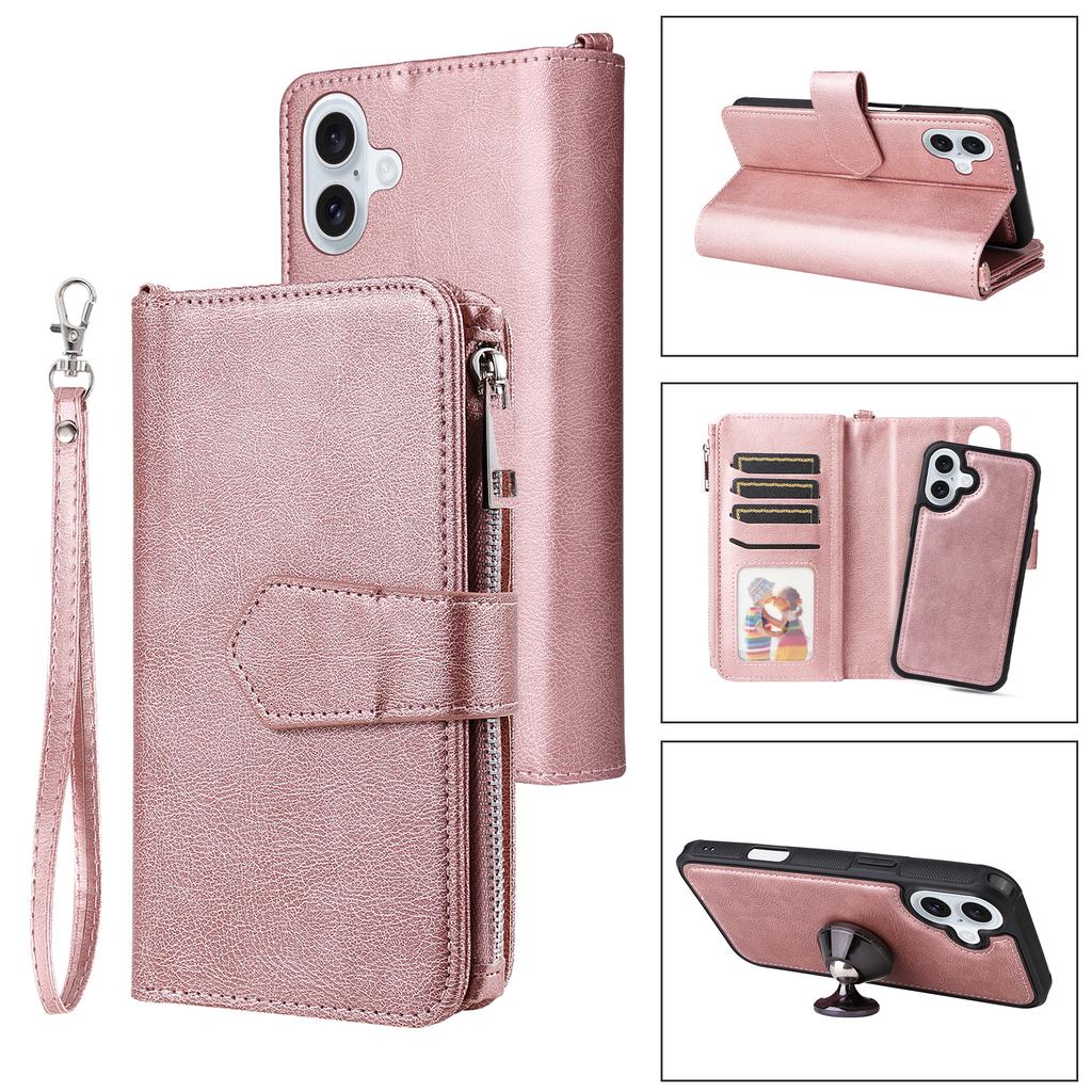 For iPhone 16 Plus Magnetic Leather Case Mobile Cover with Detachable Zipper Wallet Strap