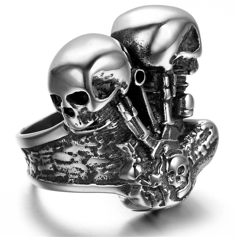 2026 Motor Biker Engine Ring 316L Stainless Steel Mens Women Fashion Biker Double Skull Engine Biker Ring 7