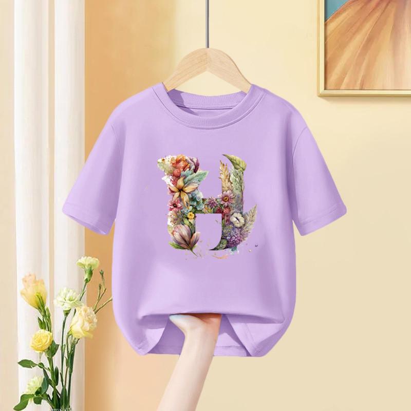 Mädchen T-Shirt 26 Englische Buchstaben A B C D Kindermode Blume T-Shirt Kinder Benutzerdefinierter Name Buchstabe Sommer Lila Kleidung