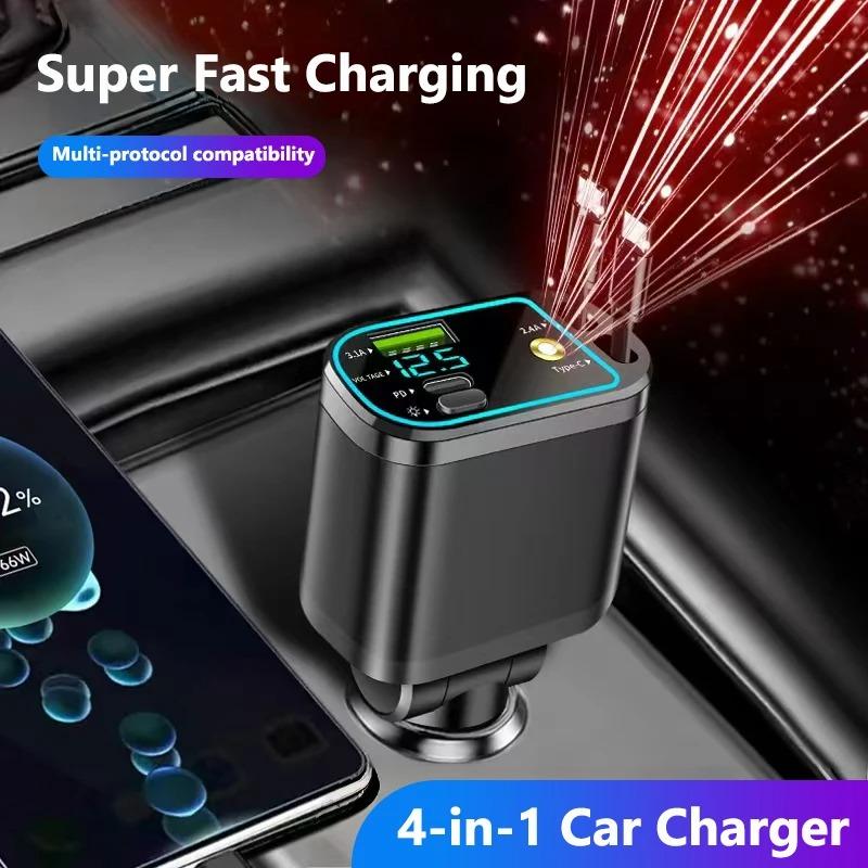4 In 1 120W Retractable Car Charger Starlight In Car Roof,with ambient light and Star Night Light Type C Fast Charging Adapter,Dual Cable Car Charger