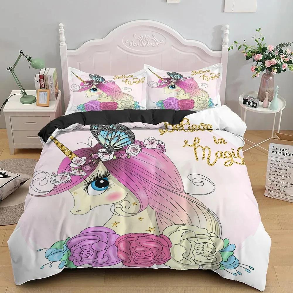 Cute Unicorn Duvet Cover Set Girly Pink Castle Bedding Set Single Twin Size For Princess Girl Dedicated Bedroom Decor Bedclothes