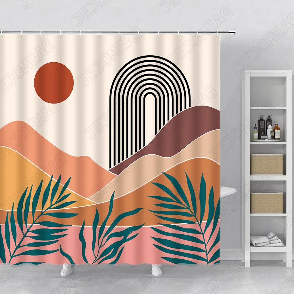 Abstract Geometric Shower Curtain Creative Line Graphics Red Lattice Fabric Printing Bathroom Accessories Bathroom Curtains Set
