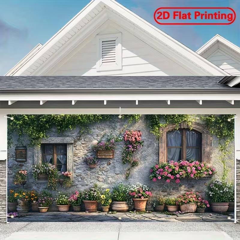 2D Italian Flower Wall Backdrop, Old Cottage with Potted Roses & Ivy for Outdoor Party
