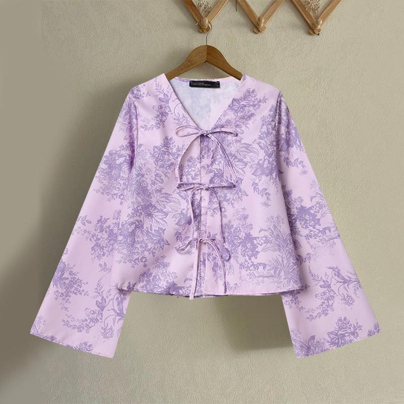 

ZANZEA Женские винтажные блузки с V-образным вырезом и длинными рукавами с принтом 3XL фиолетовый