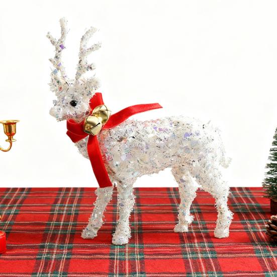 Christmas Reindeer Figurine Plastic White Elk Sculpture with Scarf Small Deer Statue Table Ornaments for Xmas Tabletop Mantel Shelf Decor