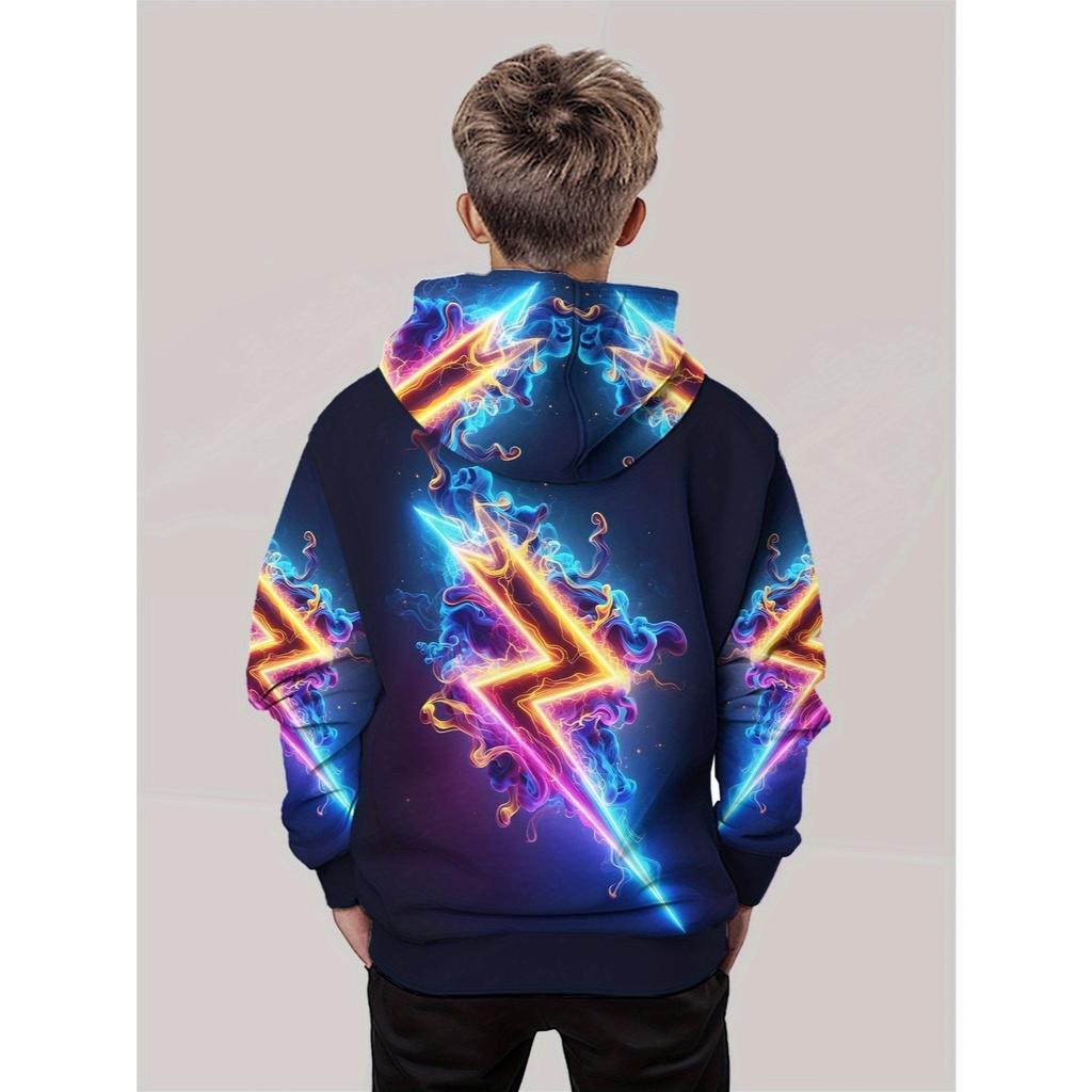 Colorful lightning pattern boys' hoodie, long sleeved pullover casual wear, cartoon fashion pullover