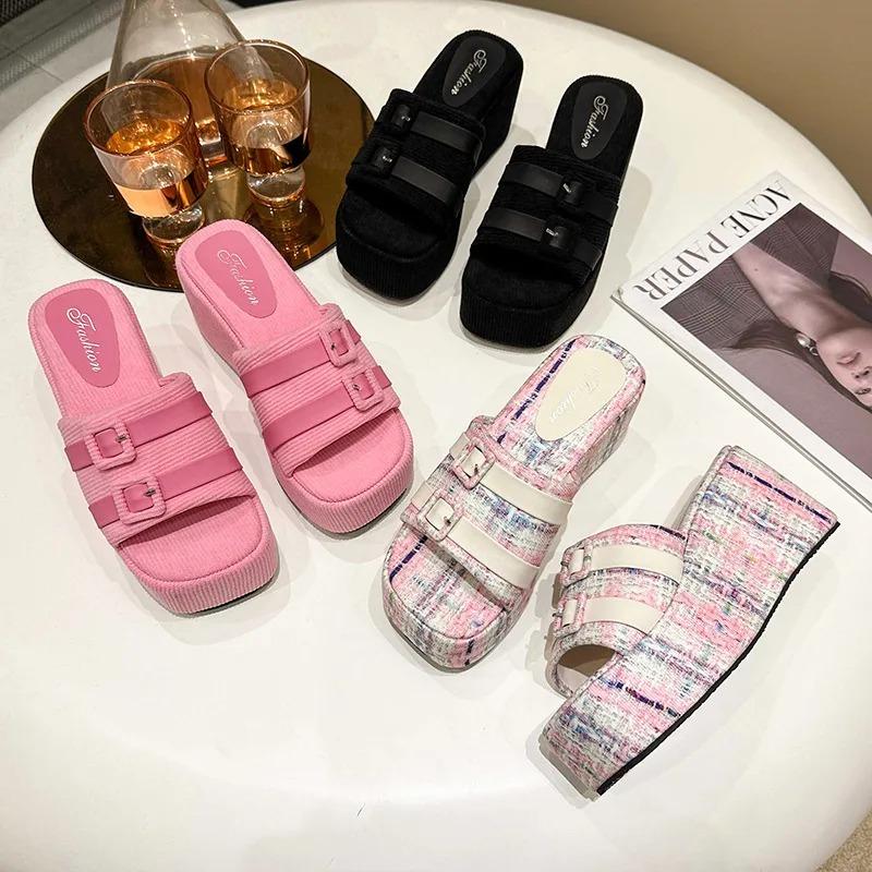 Small Fragrant Style Fashionable Slop Heel Beach Slippers  Small Buckle Roman