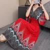 Casual Elegant Retro Bohemian National Style V-neck Elastic  Waist Large Swing Printed Summer Long Skirt Woman Dress Clothes