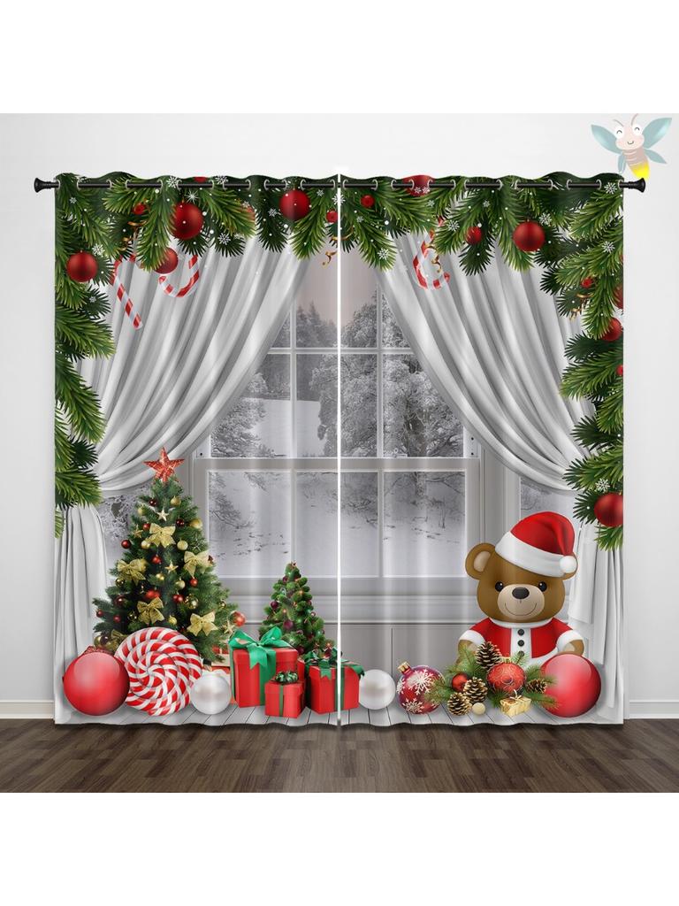 Set Of 2 Christmas Teddy Bear Print Curtains Insulation Multiple Sizes Living Room Bedroom Decoration Curtain Blackout For Made Polyester Machine