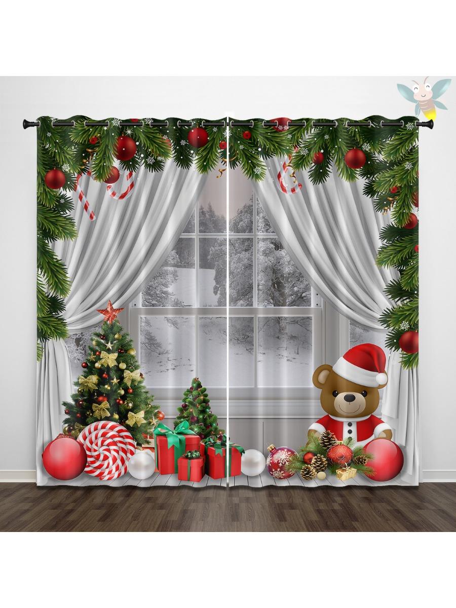

Set Of 2 Christmas Teddy Bear Print Curtains Insulation Multiple Sizes Living Room Bedroom Decoration Curtain Blackout For Made Polyester Machine W100*H70(CM)-Hooks&1PCS