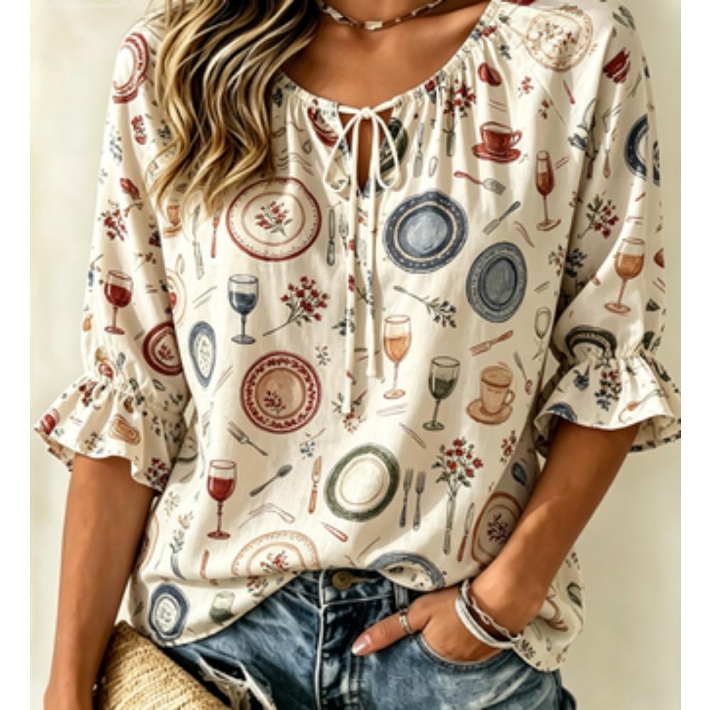 Women's Pale Blue Tiny Floral Star Print Tie Split Neck Ruffle 3/4 Sleeve Soft Loose Spring Daily Blouse