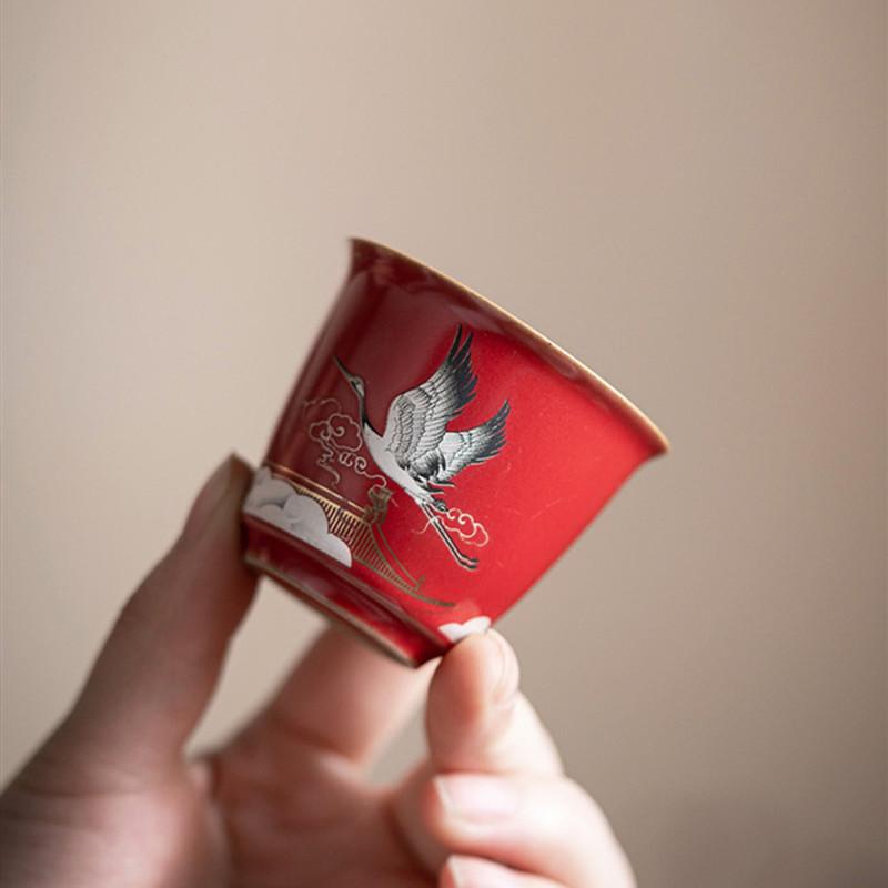 1 Pc Chinese Ceramic Tea Cup Handmade Flying Crane Teacup Household Red Tea Bowl Travel Personal Master Cup Tea Set 40ml