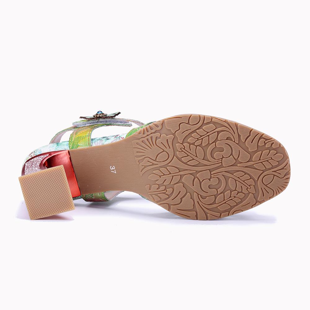 Johnature Women's Summer Shoes Genuine Leather Painted Retro Contrast Comfortable High Heeled Sandals