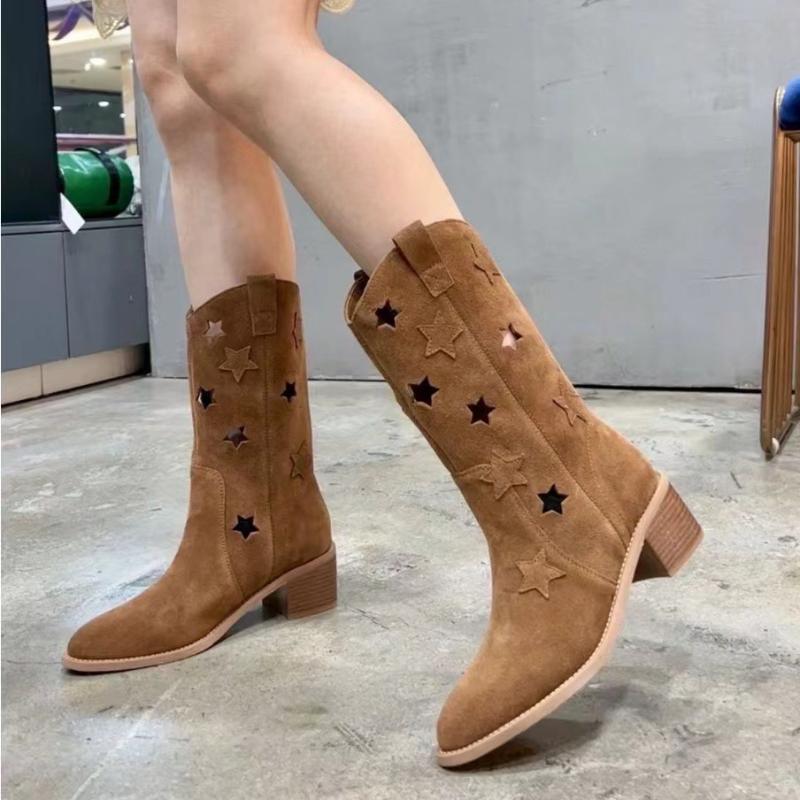 Trendy Women's Boots 2024 Autumn New Retro Hollow Breathable Pointed Suede Versatile Western Women's Boots Zapatos De Mujer