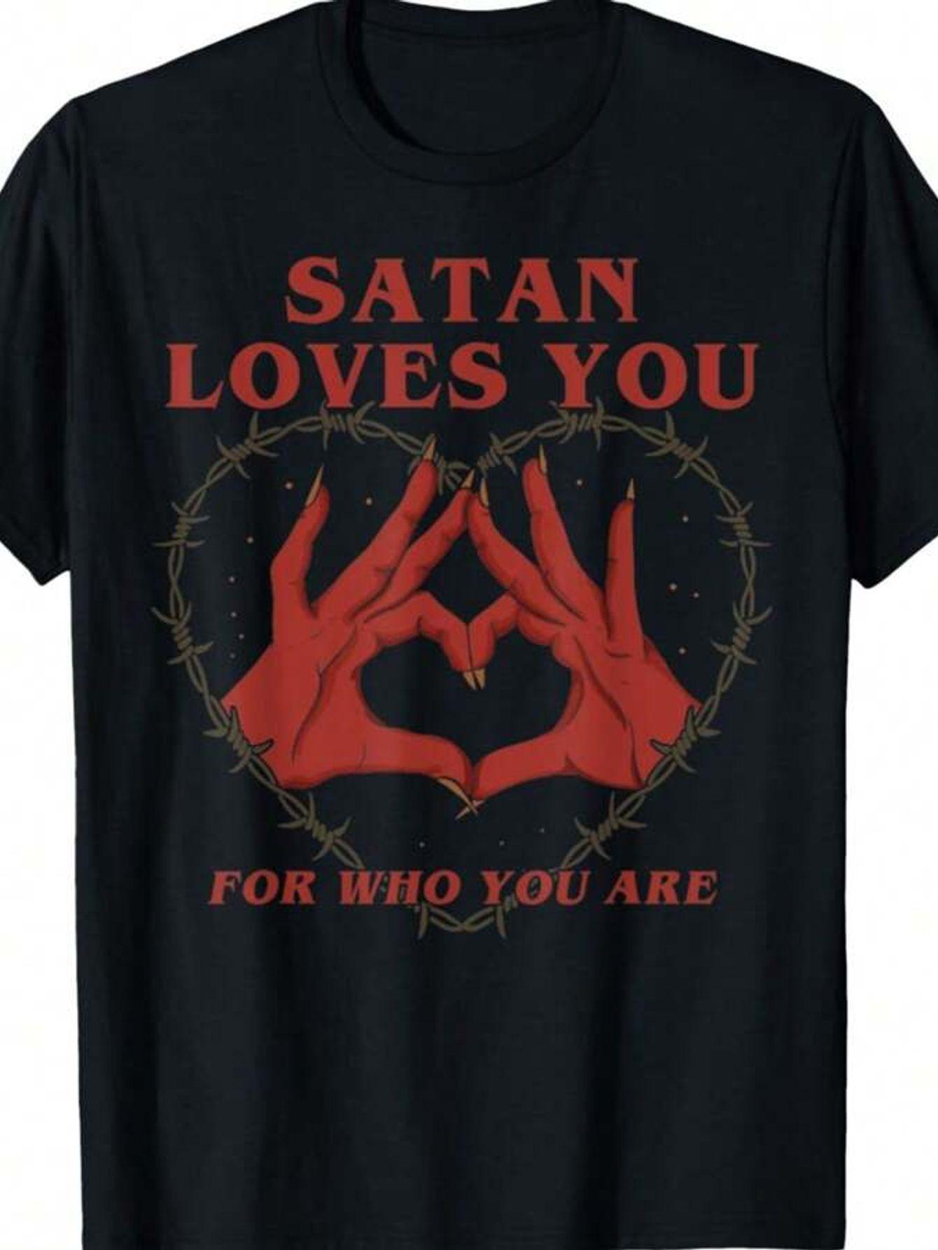

Satan Loves You Gothic Letter T-shirt -Retro Devil s Corner and Bafumet Pattern Printed Halloween, Witch and Satan Theme Cost... 5XL різнокольоровий
