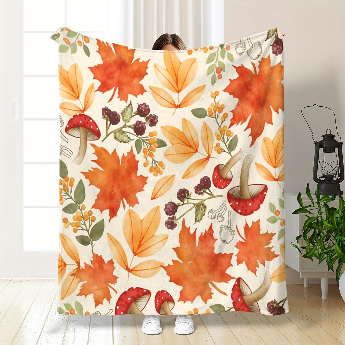 1pc Autumn Leaves & Mushrooms Print Flannel Blanket - Cozy Fall Decor Throw with Vibrant Orange/Yellow/Brown/Green/Purple Colors 75X95CM