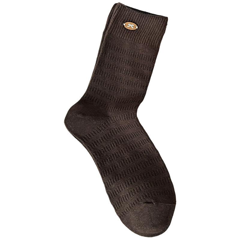 Autumn and Winter Bow-buttoned Mid-calf Socks, College-style Striped Blue Coffee-shaped Pile Socks