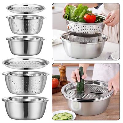 3-Piece Set Thickened Grater Bowl Drain Basket Stainless Steel Vegetable Fruit Drain Filter Basket Rice Rinser Dough Mixing Bowl