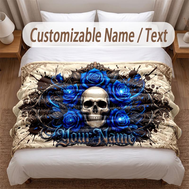 Skull Gothic Theme Soft Blanket Personalized Custom Name Text Print Warm Blanket Home Sofa Bedroom Decor