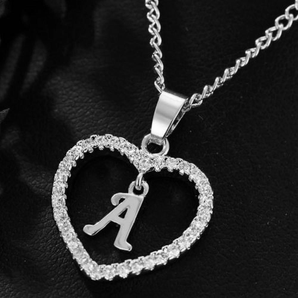 Heart Pendant Zircon Letter Necklace - 26 Letters Available