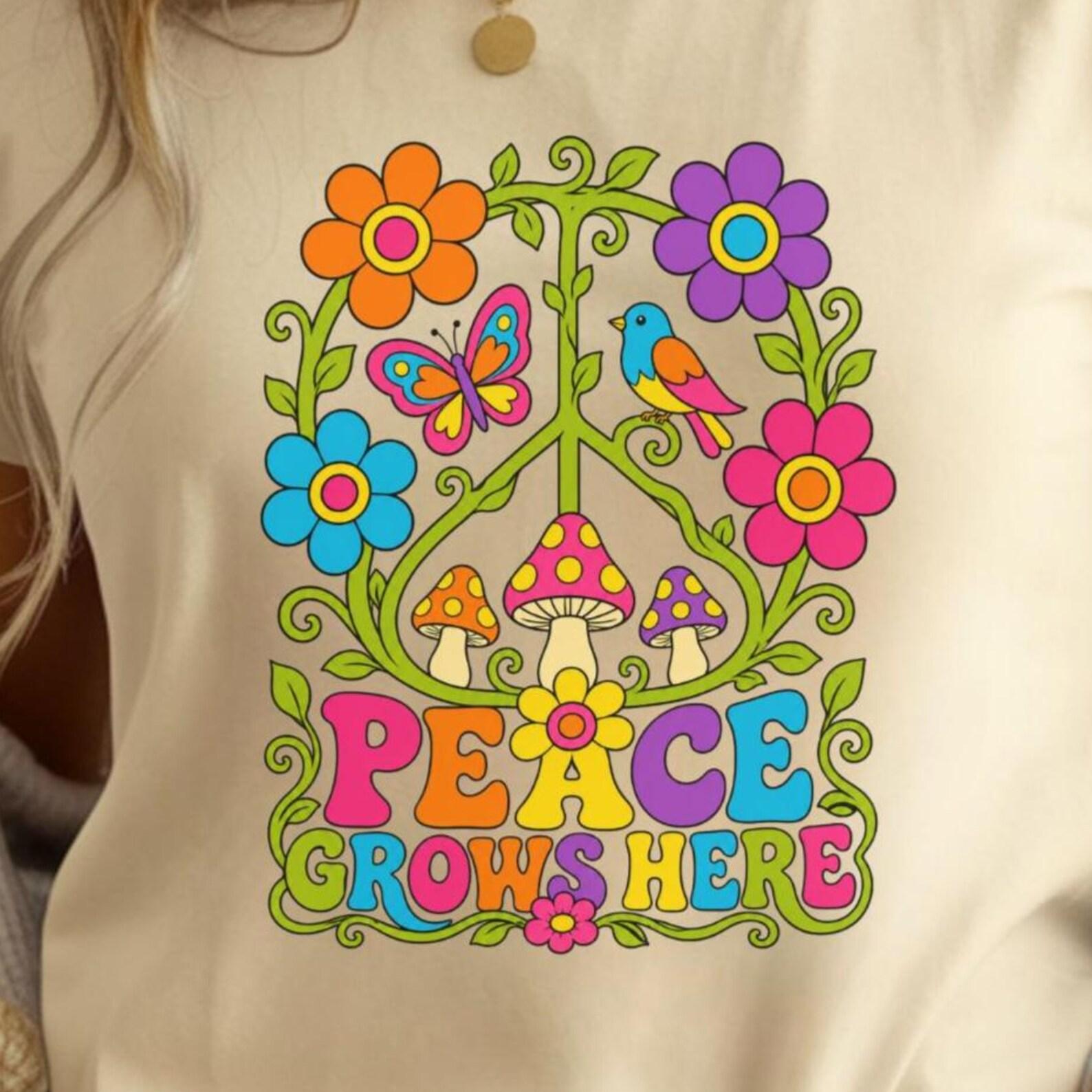 Psychedelic Peace Sign Shirt | Retro Floral Boho Festival Graphic Tee 4XL