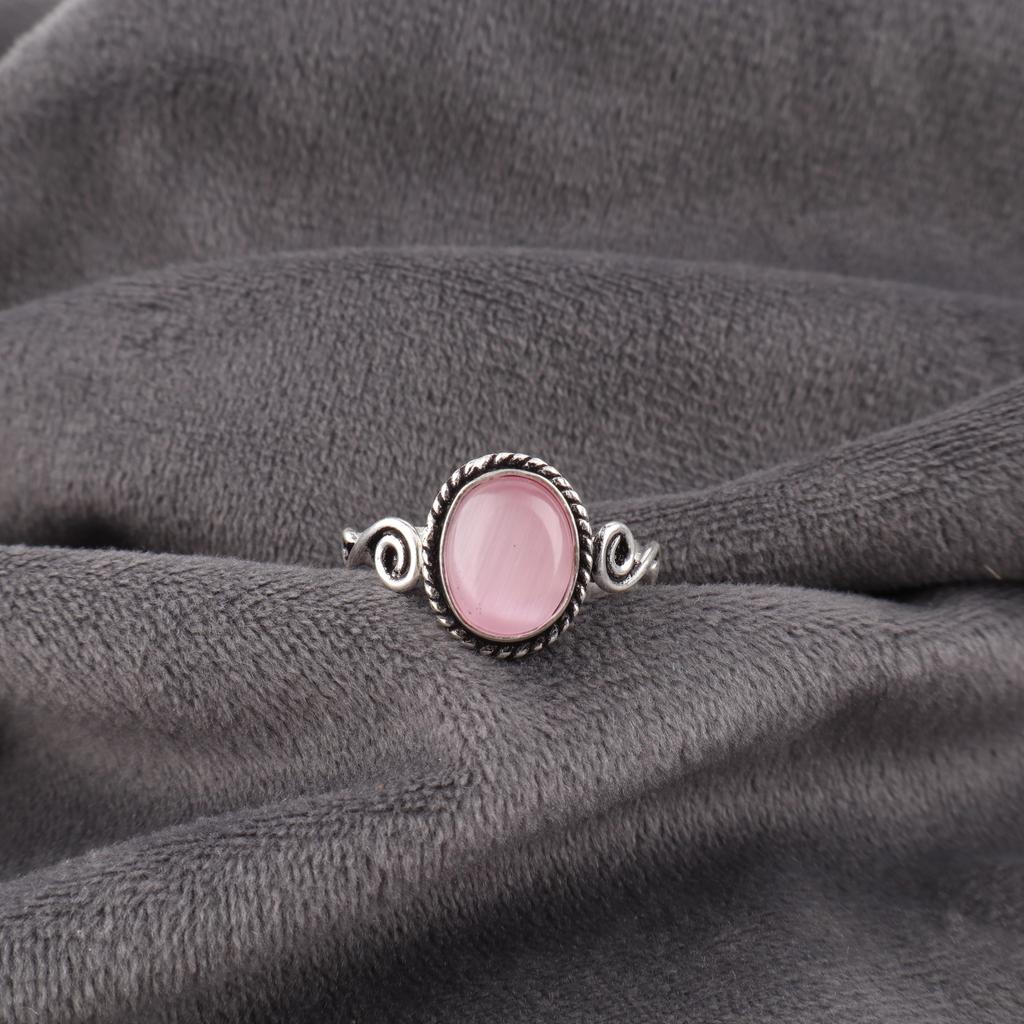 Pink Cat's Eye Ring, 925 Sterling Silver Ring Jewelry, Handmade Ring Gemstone Jewelry For Memorial Day