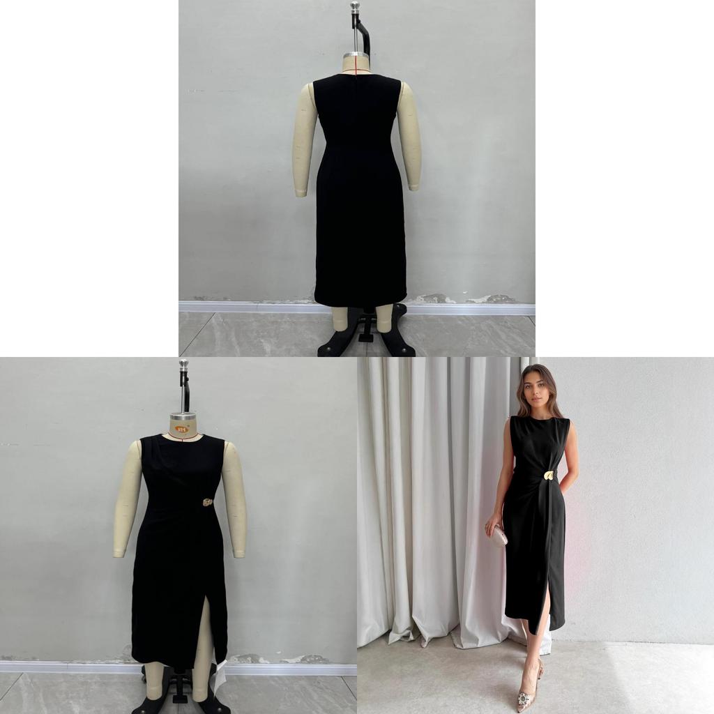 Elegant Black Sleeveless Knit Dress With High Waist For Office And Casual Wear