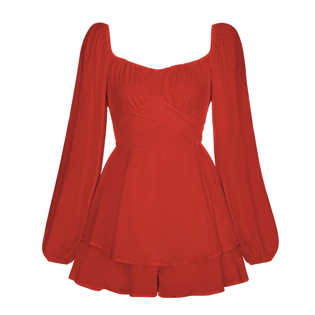Women's Square Neck Long Sleeve Solid Romper High Waist Ruffled Layered Playsuit