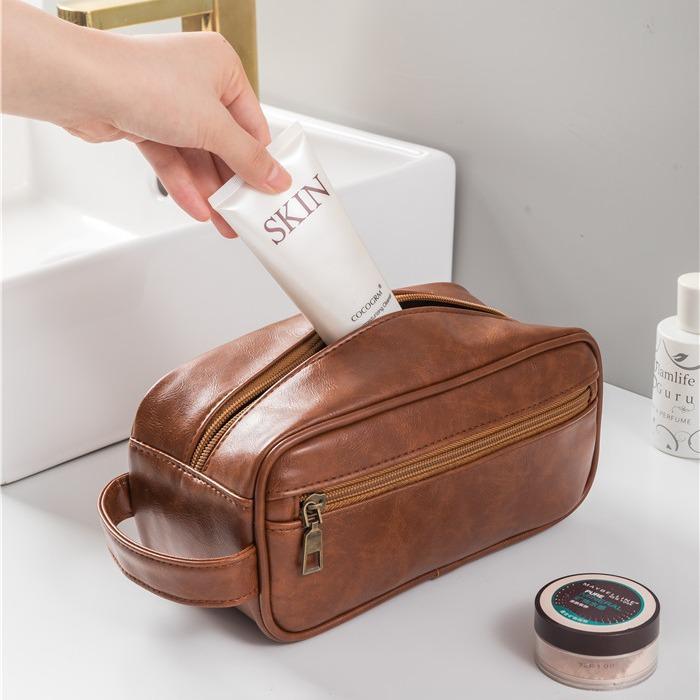 Men's Luxury PU Leather Makeup Bag - Large Capacity, Handheld, Elegant Wash Bag