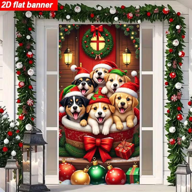 

2D Christmas Puppy Door Cover, Cute Dogs with Santa Hats Party Background 47.2x31.5inch/120*80cm