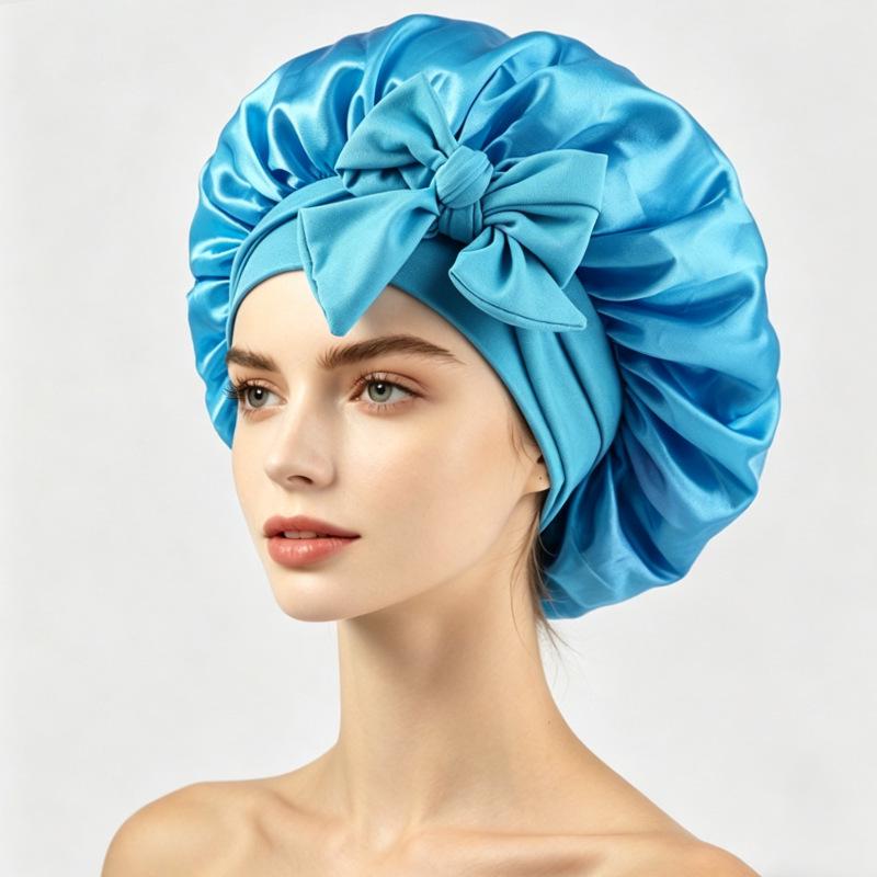 Silky Satin Sleep Cap with Tie-Up Ribbon for Women - Hair Care Hat