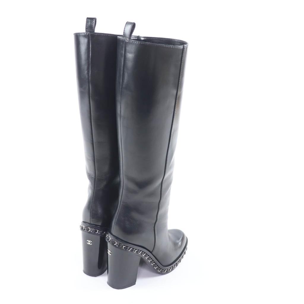Great CHANEL Knee-high boots black leather Women 36 G30379 Used