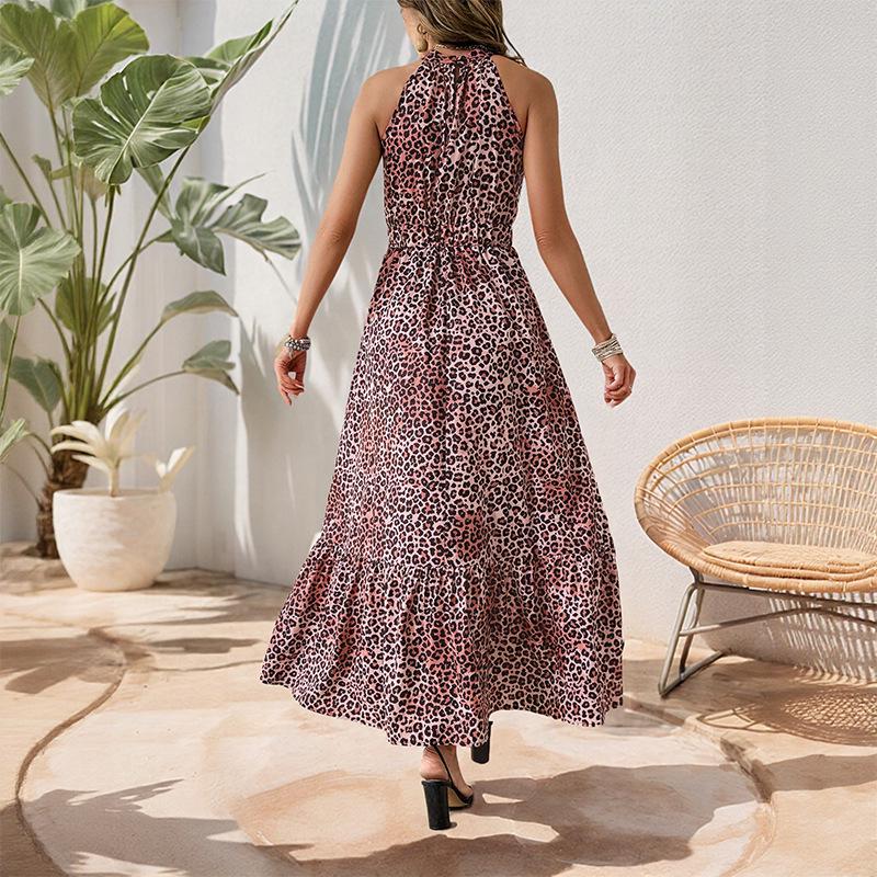 2025 European/American Halter Neck Sleeveless Leopard Butterfly Patchwork Beach Dress