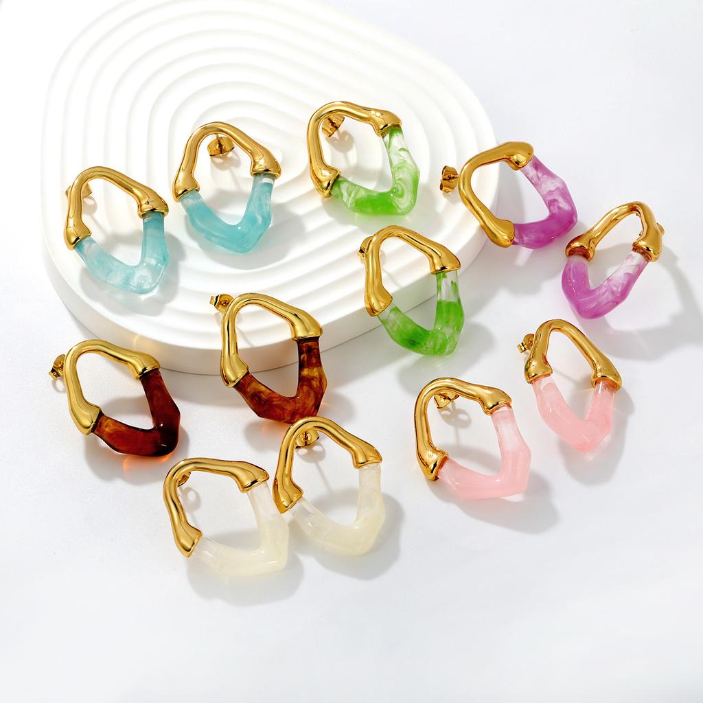 Light luxury design colored resin stud earrings Maillard style irregular hollow V-shaped earrings stainless steel gold-plated earrings