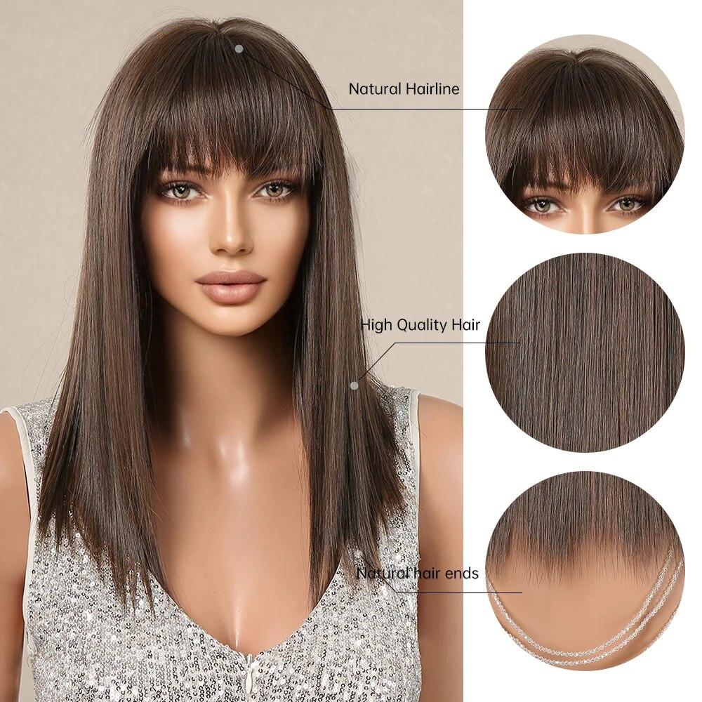 Peruci sintetice drepte maro închis de lungime medie cu breton pentru femei Perucă netedă cu aspect natural din fibră rezistentă la căldură