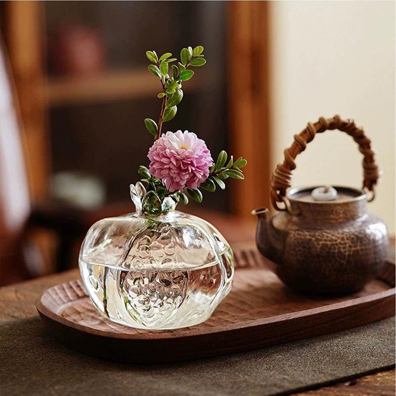 Glass Flower Vase Pomegranate Shaped Red Glass Vase Hydroponics Planter for Tabletop Home Decor Plant Containers