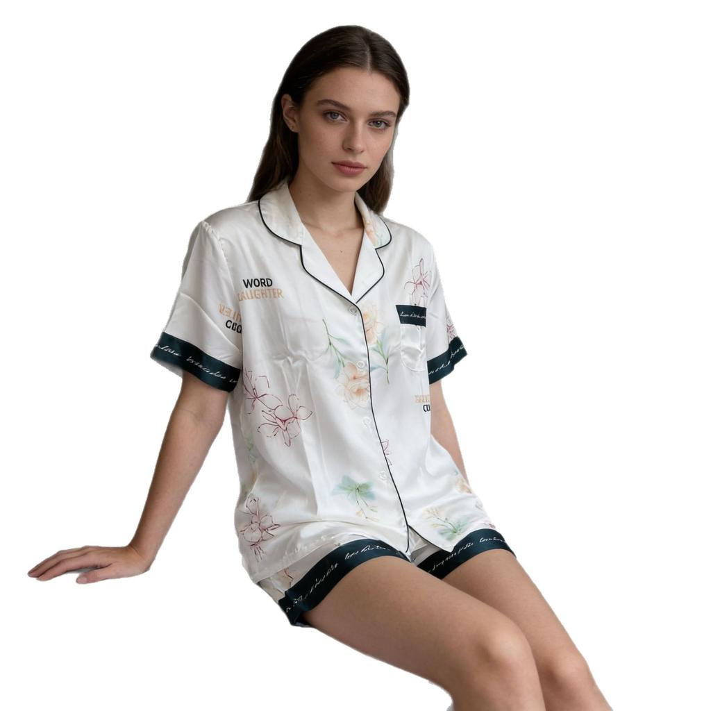 Summer New Ice Silk Pajama Set for Women, Light Luxury Floral Print Short-sleeved Short Pants, High-end Style, Can Be Worn Outside.