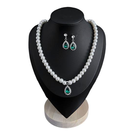 2Pcs/Set Imitation Pearl Jewelry Set Retro French Style Blue Waterdrop Faux Gem Charm Necklace Earrings Set