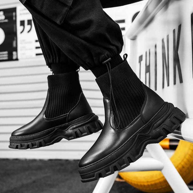 Autumn Winter Men's Chelsea Boots Fashion Designer Socks Boots Men Black Leather Ankle Boots Street High Top Tooling Shoes Men