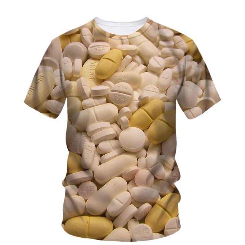 Modne nowe, oryginalność Pill Graphic T-shirty dla mężczyzn Casual Artystyczny trend osobowości Zabawne drukowane koszulki z krótkim rękawem i okrągłym dekoltem